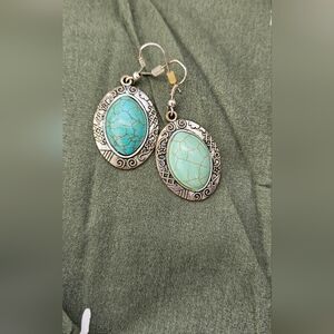 Turquoise Oval Earrings with Silver Detailing